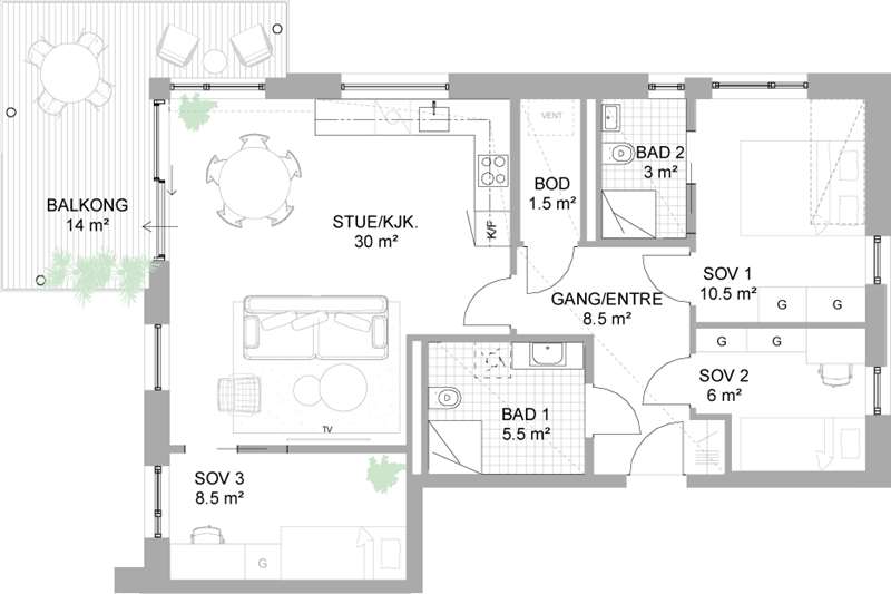 Standard planløsning 4-roms leilighet